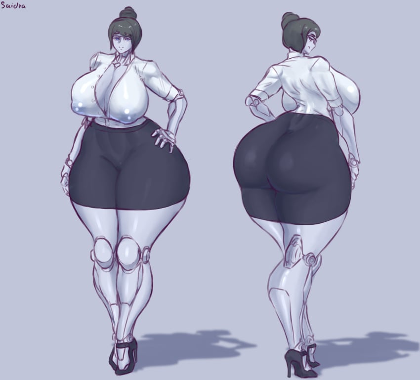 absurd_res areola ass big_breasts big_butt biped bottomwear breasts clothing female hair hi_res humanoid machine mature_female robot robot_humanoid saidra shadow simple_background skirt solo thick_thighs wide_hips