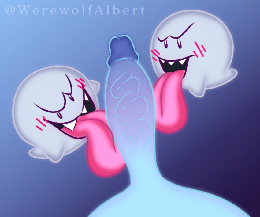 albert_(werewolf_albert) big_penis big_tongue blue_background blue_skin blush boo_(mario) first_person_view floating ghost gradient_background licking_penis long_tongue looking_at_viewer male_only mario_(series) red_tongue sharp_teeth trio werewolf_albert white_skin