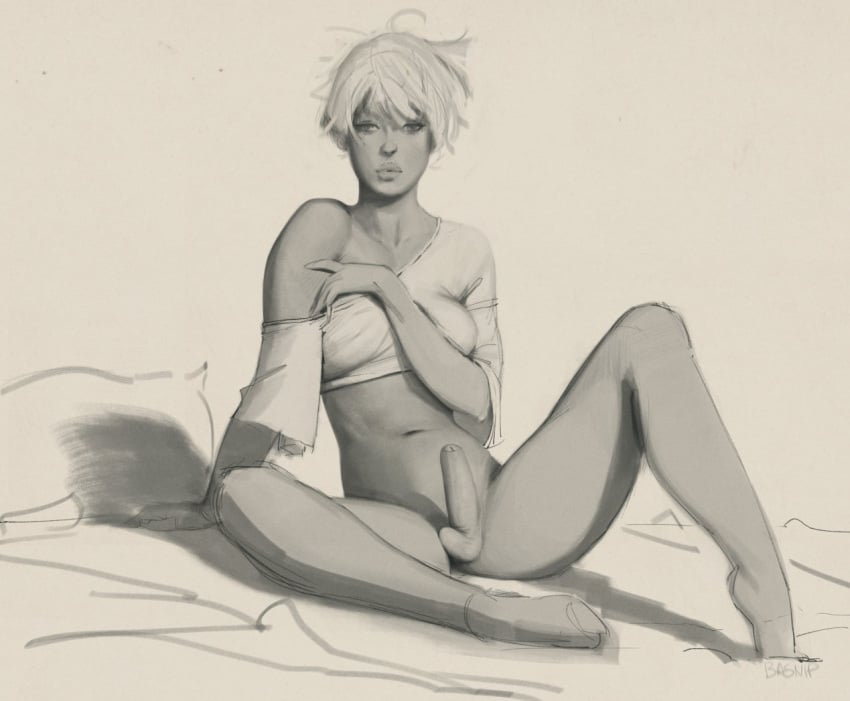 1futa balls basnip big_breasts black_and_white blonde_hair bottomless breasts clothed clothing dark-skinned_futanari dark_skin erection futa_only futanari human looking_at_viewer messy_hair no_pants original_character partially_clothed penis short_hair sitting sketch small_balls solo white_background