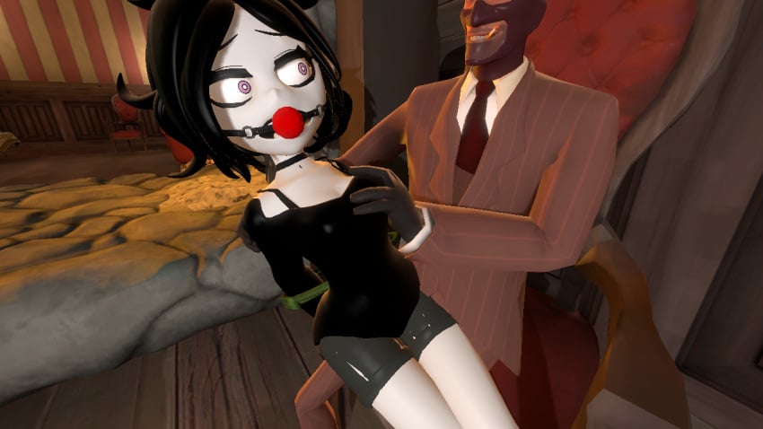 1boy1girl 3d 3d_model 3dcg afraid ashley_graves ball_gag black_hair bondage choker cigarette cigarette_in_mouth crossover duo female gag gagged gagged_female hand_on_breast hetero human indoors jamesthegoo male molestation open_eyes sfm short_hair ski_mask source_filmmaker spy_(team_fortress_2) suit suit_and_tie team_fortress_2 terrified the_coffin_of_andy_and_leyley thighs tie tied_up unwilling weird_crossover younger_female