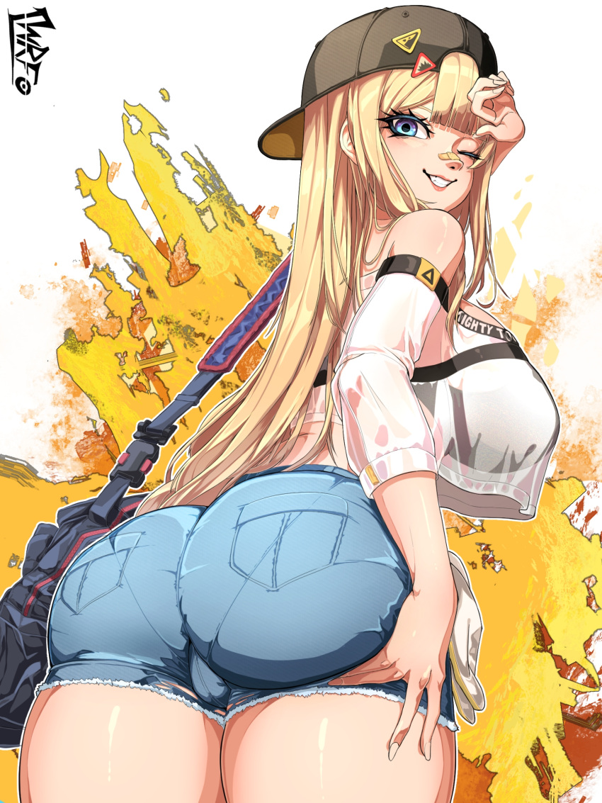 alternate_costume ass ass_focus ass_grab ass_support bag bare_shoulders baseball_cap blonde_hair blue_eyes breasts cameltoe centi_(nikke) centi_(supreme_holiday)_(nikke) come_hither crop_top deep_skin denim denim_shorts female from_behind from_below goddess_of_victory:_nikke handbag hat huge_ass large_breasts long_hair looking_at_viewer one_eye_closed short_shorts shorts sideboob smile solo thick_thighs thighs very_long_hair warfakaid wink