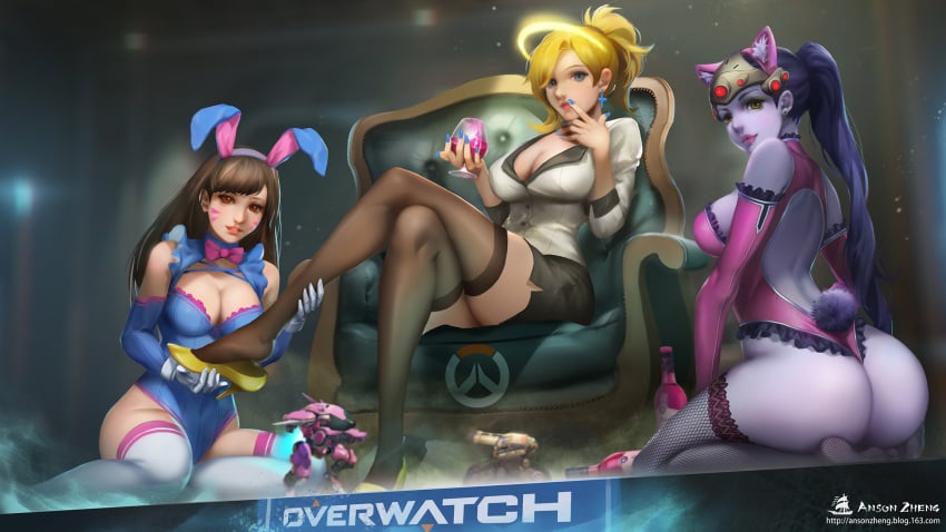 3girls adapted_costume alcohol alternate_costume animal_ears anson_zheng armchair artist_name ass back bangs bare_shoulders bastion_(overwatch) between_fingers black_legwear black_skirt blizzard_entertainment blonde blonde_hair blue_eyes blue_leotard blue_nails bottle bow bowtie bracer breasts brown_eyes brown_hair brown_legwear bunny_ears bunny_girl bunny_tail bunnysuit buttons cat_ears chair cleavage closed_mouth copyright_name covered_breasts cross cross_earrings crossed_legs cup cupping_glass d.va dat_ass dress drink drinking_glass earrings elbow_gloves emblem eyelashes fake_animal_ears feet female female_only finger_to_mouth fingernails fishnet_legwear fishnets frilled_leotard frills from_behind glass gloves hair_ornament hair_tie hairband halo hand_on_own_face hand_up head_mounted_display high_heels high_resolution highleg highleg_leotard hips holding holding_glass jewelry kneeling large_ass large_breasts legs legwear leotard lipstick living_machine logo long_fingernails long_hair looking_at_viewer looking_back makeup mecha mechanical_halo medium_breasts meka mercy miniskirt multiple_girls nail_polish nose omnic open-back_dress overwatch parted_lips pencil_skirt pink_bow pink_bowtie pink_lips pink_lipstick ponytail purple_eyes purple_gloves purple_hair purple_hairband purple_leotard purple_lips purple_lipstick purple_skin ribbed_leotard seiza shirt shoes short_dress shoulder_blades sideboob sitting skirt sleeveless sleeves_past_elbows smile soles stockings strapless strapless_leotard stud_earrings tail thighhighs thighs thong thong_leotard tied_hair toy very_long_hair visor watermark web_address white_gloves white_legwear widowmaker wine wine_bottle wine_glass yellow_eyes yellow_shoes