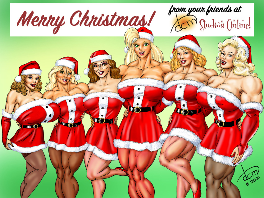 6girls a_lot_to_love_here biceps big_breasts big_muscles blonde_hair breasts brown_hair christmas christmas_clothing christmas_outfit dcmatthews female glasses green_eyes hair high_heels huge_breasts large_breasts large_muscles long_hair looking_at_viewer multiple_boys muscles muscular_arms muscular_female muscular_legs muscular_thighs pecs santa_costume santa_hat tetsuko