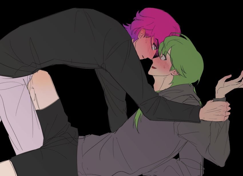 blush clothed clothing ezreal gay green_hair heartsteel_ezreal heartsteel_kayn heartsteel_series kayn league_of_legends long_hair male male/male multicolored_hair pink_hair purple_hair sexual_tension twink yaoi