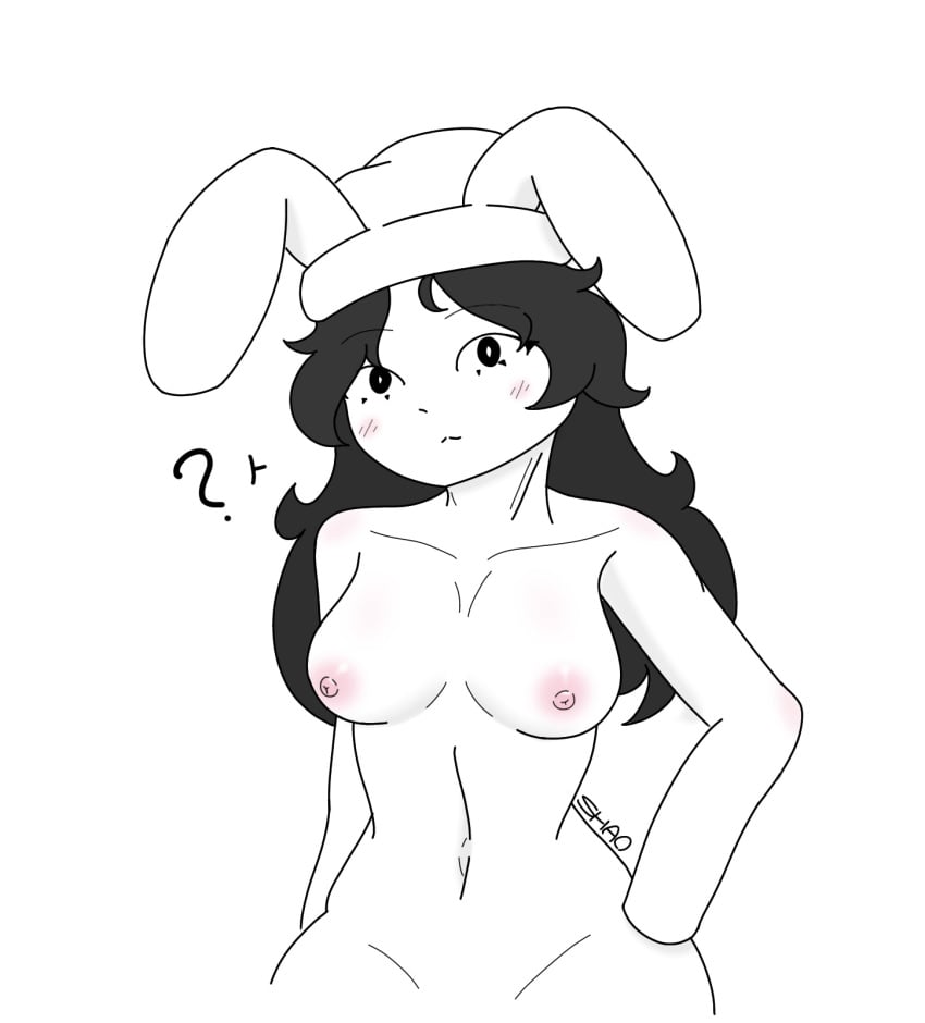 artist_signature beanie black_and_white black_eyes black_hair breasts breasts_out bunny_ears exposed_breasts exposed_nipples hat nipples perky_breasts perky_nipples pink_nipples roblox roblox_avatar robloxian shaospicy small_breasts text text_bubble white_background