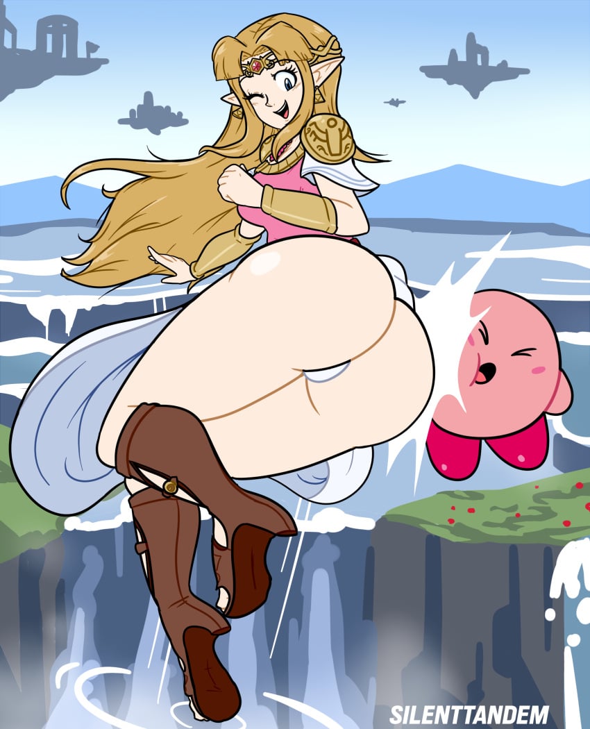 1boy 1girls a_link_to_the_past ass ass_focus bare_legs battlefield_(super_smash_bros) big_ass blue_eyes boots bubble_ass bubble_butt closed_eyes dat_ass elf_ears exposed exposed_ass female flying_peach fully_clothed half-closed_eyes huge_ass kirby kirby_(series) long_ears long_hair meme nintendo one_eye_closed pale-skinned_female pale_skin panties pink_body pointy_ears princess_zelda silenttandem super_smash_bros. the_legend_of_zelda thick_ass thick_thighs thighs thong zelda_(a_link_between_worlds) zelda_(a_link_to_the_past)