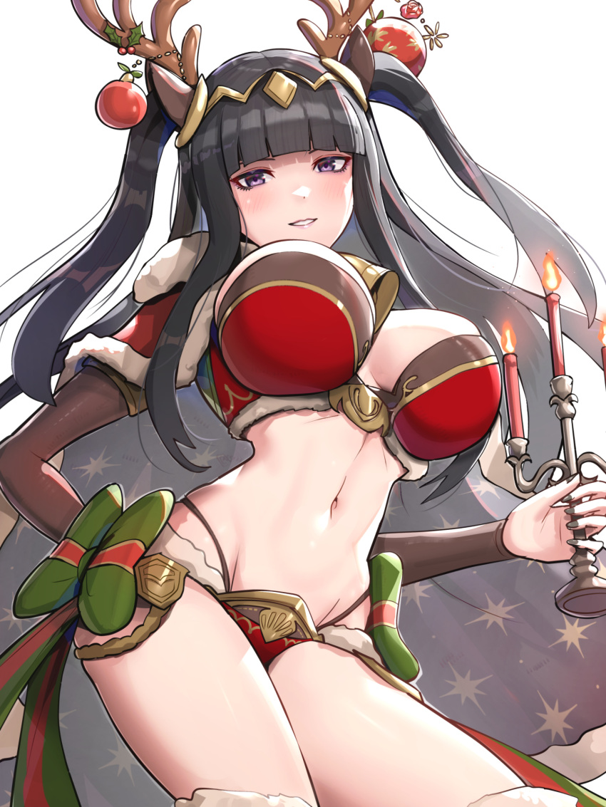 1girls alternate_costume animal_ears antlers bangs bare_midriff bare_thighs bikini black_hair black_nails blunt_bangs breasts bridal_gauntlets candelabra candle candlestand cape christmas christmas_ornaments cleavage cowboy_shot deer_ears fake_antlers female female_only fire_emblem fire_emblem_awakening fire_emblem_heroes fur-trimmed_panties fur_cape fur_trim gonzarez green_ribbon hair_ornament highres holding holding_candle holly_hair_ornament large_breasts long_hair looking_at_viewer midriff nail_polish navel nintendo official_alternate_costume panties parted_lips purple_eyes red_bikini red_panties reindeer_antlers reindeer_hair_ornament revision ribbon santa_bikini santa_costume shrug_(clothing) simple_background solo swimsuit tharja_(fire_emblem) tharja_(winter)_(fire_emblem) thighs tiara twintails two_side_up underwear white_background