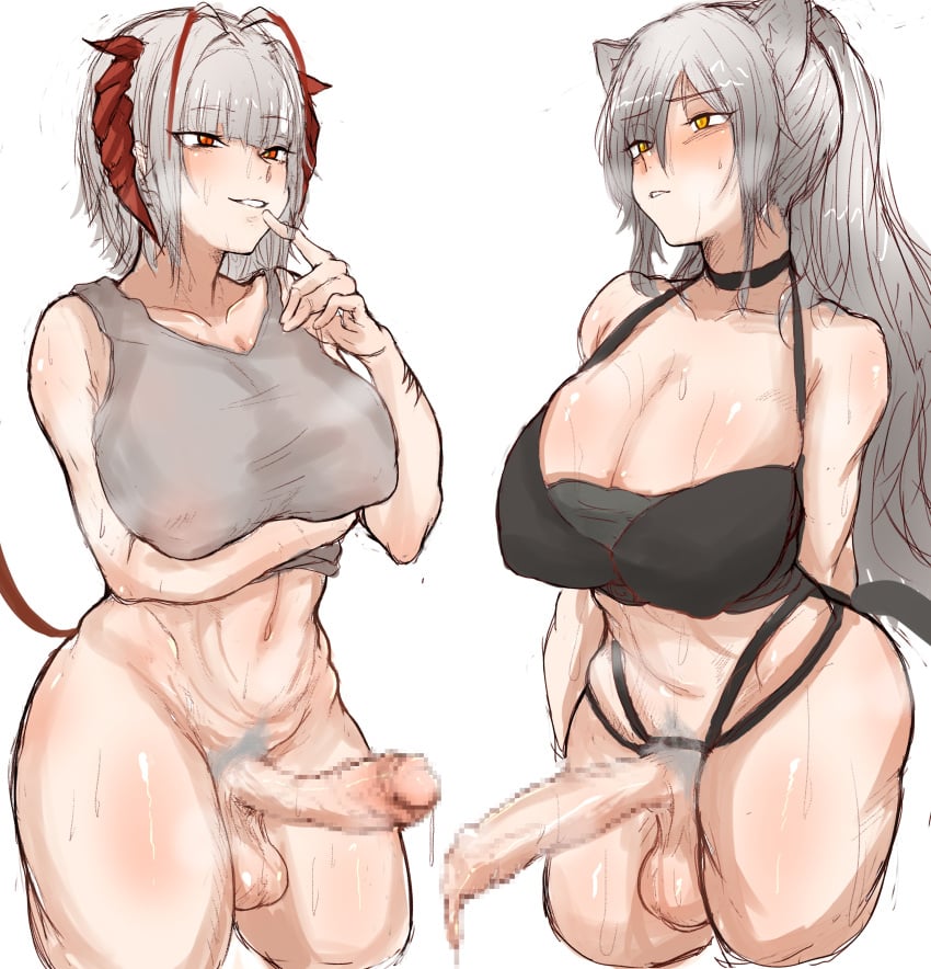 2futas animal_ears arknights balls bangs big_breasts big_penis bottomless breasts cat_ears catgirl censored clothed clothing duo erection futa_only futanari grey_hair horns humanoid kemonomimi light-skinned_futanari light_skin long_hair masso_nullbuilt mosaic_censoring mostly_nude penis schwarz_(arknights) standing w_(arknights)