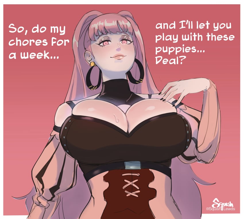 1girls 2d 2d_(artwork) artist_name asking asking_a_question asking_viewer big_breasts blush breasts choker cleavage clothed clothing earrings english_text female female_only fire_emblem fire_emblem:_three_houses fully_clothed hilda_valentine_goneril huge_breasts human human_female human_only inviting large_breasts long_hair looking_at_viewer nintendo no_sex not_ai_generated pink_background pink_eyes pink_hair ponytail post-timeskip pov smile smiling_at_viewer solo solo_female squishlewds sweat text video_game_character white_border