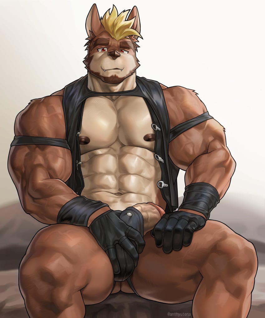 1boy 1male 2023 abs accessory anthro anthyutena artemis_(croissantdelar1) balls bara barazoku beard biceps big_muscles big_pecs big_penis black_clothing blush brown_eyes brown_fur canine clothed clothes clothing excited facial_hair fur furry gay genitals hair hands hi_res high_resolution highres homosexual horn legs male male_focus male_only masculine masturbation muscles muscular muscular_anthro muscular_male nipples nude pecs penis pose sit sitting solo striped_body stubble testicles tuft under_clothes wasp_(anthyutena) wasp_(artist) wolf yaoi zaddy