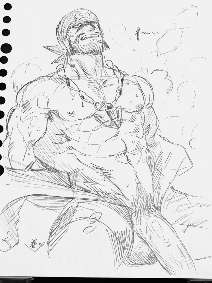 archie_(pokemon) balls bara beard boner erection facial_hair fumimimimidory headkerchief male male_only monochrome muscles muscular nintendo penis pokemon sitting solo solo_male sweat sweating team_aqua traditional_media_(artwork)