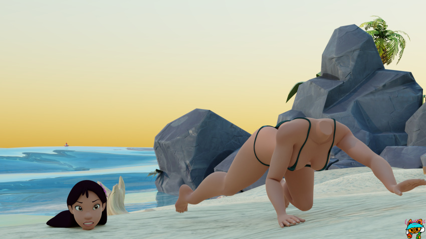 3d bikini crawling dark_skin dullahan female headless headless64_(artist) headless_woman huge_ass huge_breasts lilo_and_stitch nani_pelekai natural_body_magic nbm solo what wide_hips