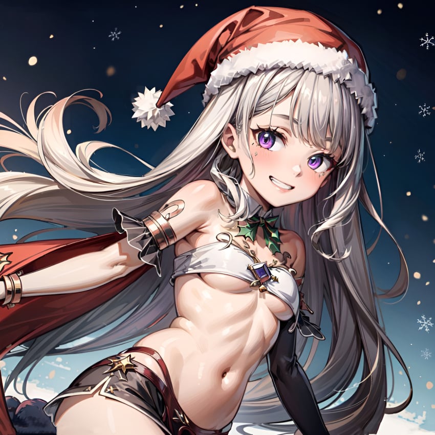 1girls ai_generated arbitrary christmas christmas_outfit grinning hi_res hololive hololive_english hololive_english_-advent- koseki_bijou purple_eyes small_breasts stable_diffusion underboob virtual_youtuber