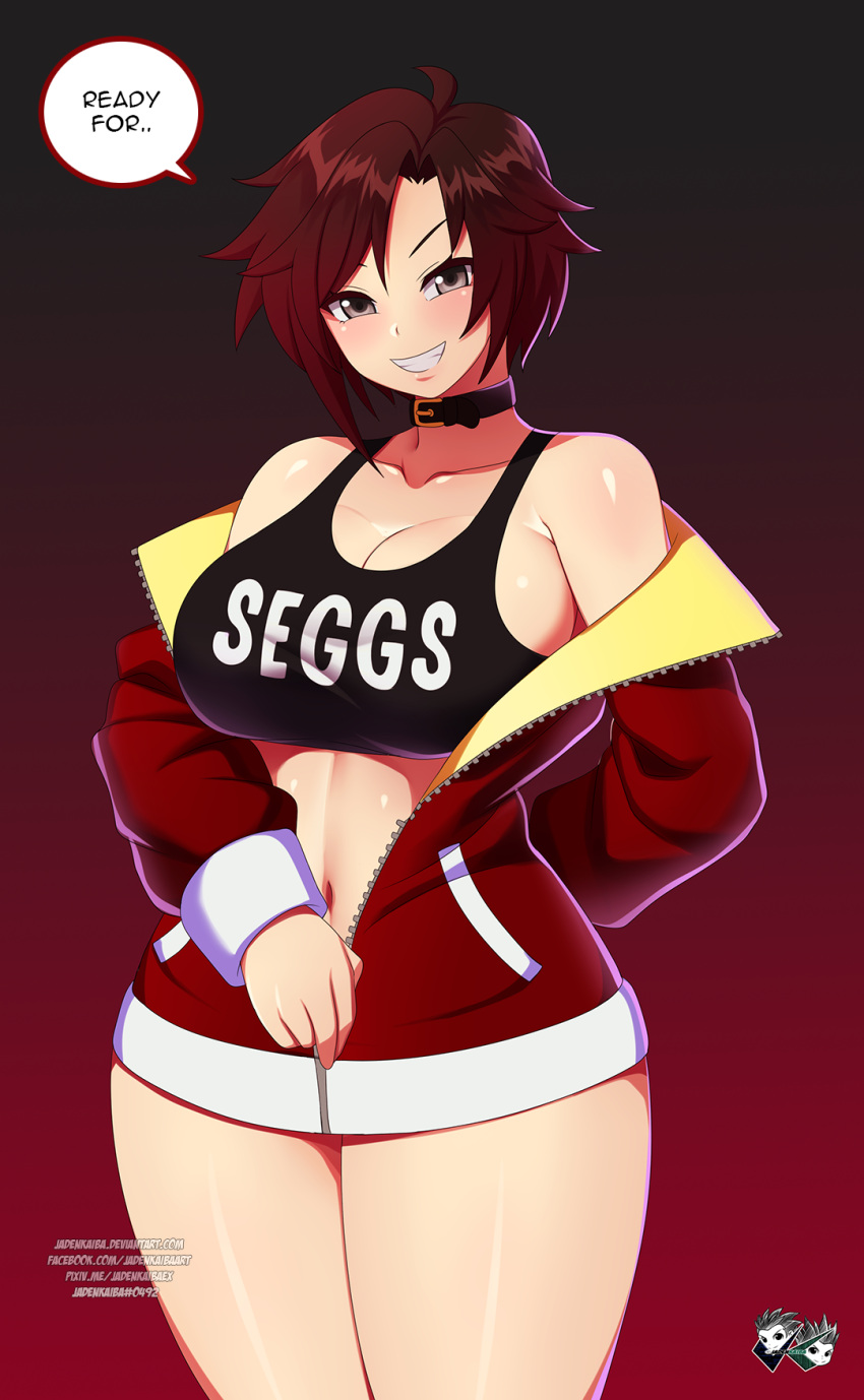 1girls alternate_breast_size blush breasts come_hither english_text female highres hoodie jadenkaiba large_breasts light-skinned_female looking_at_viewer naughty_face png red_hair ruby_rose rwby seggs_(meme) short_hair simple_background smile teasing thick_thighs unzipped_hoodie