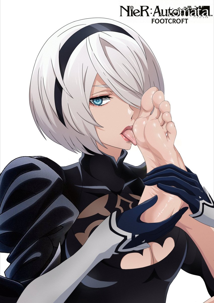 2d barefoot feet foot_fetish foot_lick footcroft licking licking_own_foot nier:_automata soles teasing teasing_viewer toes yorha_2b