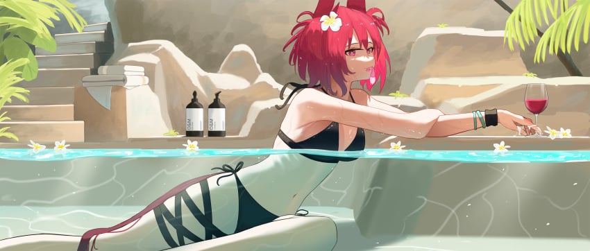 animal_ears arknights bikini bird_ears bird_girl bird_tail black_bikini breasts condom condom_in_mouth cum cum_on_hands cup day drinking_glass female fiammetta_(arknights) flower hair_flower hair_ornament halterneck highres looking_at_viewer lotion_bottle mouth_hold navel northkiyou outdoors partially_submerged partially_underwater_shot plant red_eyes red_hair short_hair sitting small_breasts solo stairs stomach swimsuit tail underwater used_condom water white_flower wine_glass