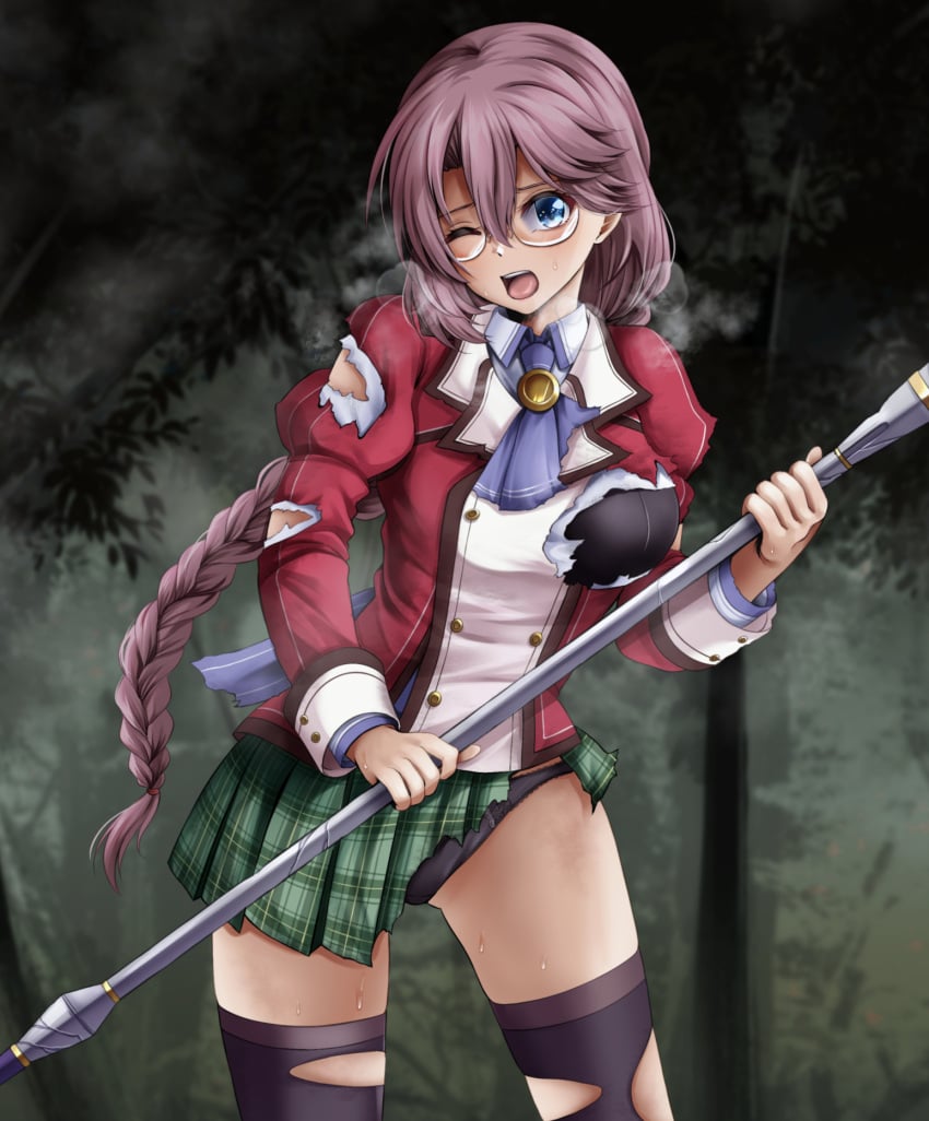 black_panties blue_eyes braid clothed damaged damaged_clothes eiyuu_densetsu emma_millstein glasses kagura_yuuto pink_hair sen_no_kiseki staff trails_of_cold_steel