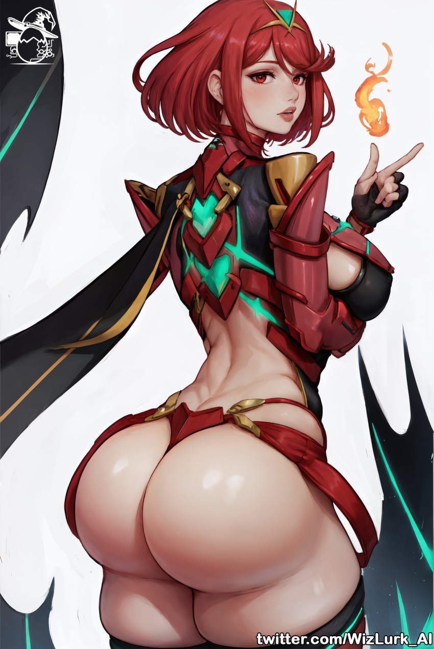 ai_generated ass bangs big_ass blush breasts earrings female fingerless_gloves fire gloves headpiece jewelry large_breasts looking_at_viewer looking_back pyra pyra_(xenoblade) red_eyes red_hair short_hair shorts sidelocks solo thick_thighs thighs tiara wizlurk_ai xenoblade_chronicles_2