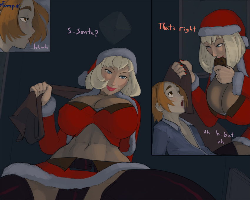 1boy 1femboy 1futa 2d 2d_(artwork) 2koma a_christmas_felony abs age_difference aka6 ass blonde_hair blue_eyes bob_cut boots breasts brown_hair bulge chin_length_hair cleavage color comic cookie dialogue eating_cookie femdom futa_on_femboy futa_on_male futa_with_male futanari ginger_hair ginger_hair_futa height_difference henrietta_(aka6) hourglass_figure huge_breasts intersex light-skinned_femboy light-skinned_futanari light_skin lipstick midriff muscle muscular_futanari navel older_female_and_younger_boy orange_hair orange_hair_male original original_character pale-skinned_male pale_skin penis pink_hair platinum_blonde_hair santa_claus_(cosplay) santa_hat short_hair text thighhighs thong voluptuous