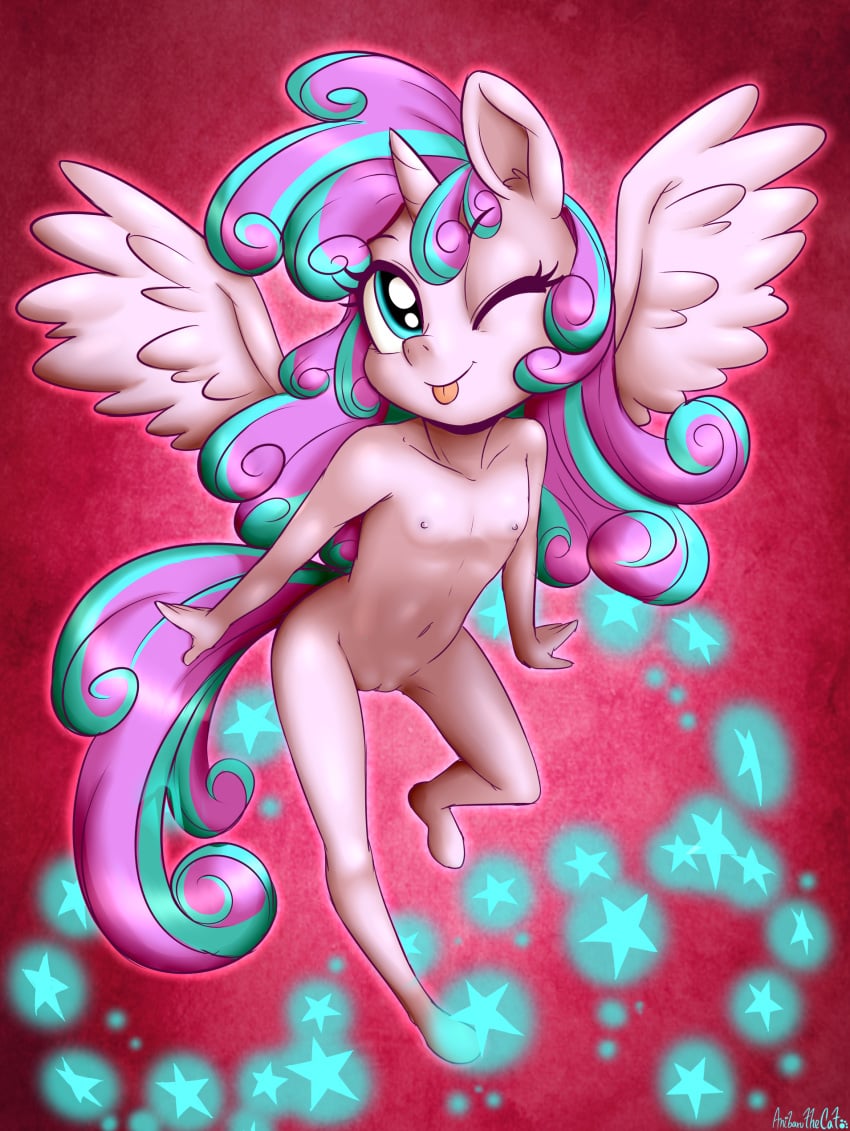 2017 absurd_res alicorn anthro anthrofied equine flurry_heart friendship_is_magic hi_res horn looking_at_viewer mammal my_little_pony navel nipples nude one_eye_closed pussy smile solo tongue tongue_out wings