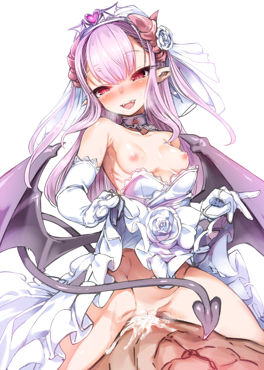 1boy absurdres bat_wings betoko blush breasts commentary cowgirl_position demon_girl demon_tail dress elbow_gloves eyebrows_visible_through_hair female gloves hair_between_eyes harigane_shinshi highres horns long_hair looking_at_viewer male nipples open_mouth original pointy_ears purple_hair red_eyes small_breasts solo straddling succubus tail thighhighs wedding_dress wings