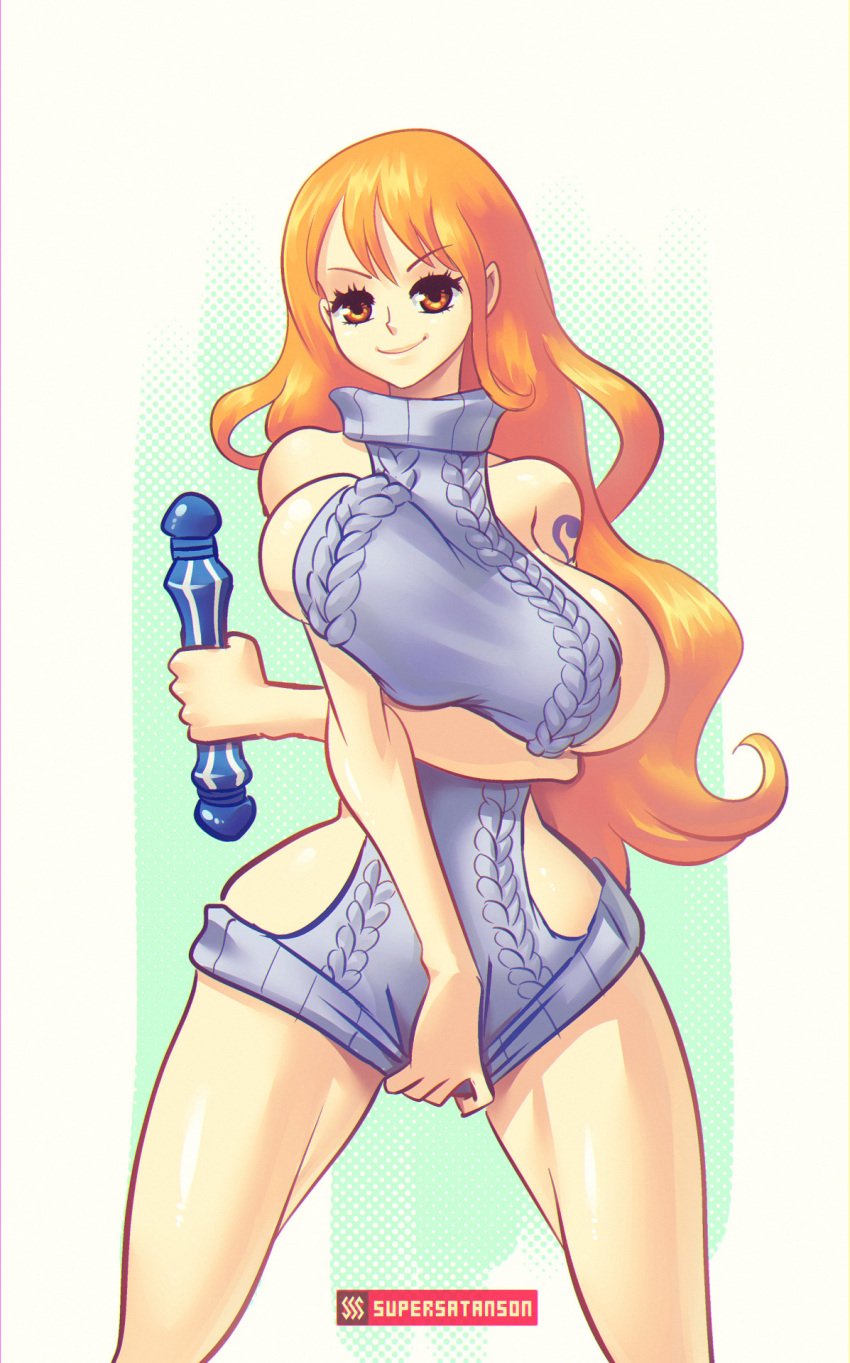 1girls big_breasts bimbo breasts clima-tact female female_only nami one_piece post-timeskip shounen_jump smile solo supersatanson sweater sweater_pull virgin_killer_sweater weapon