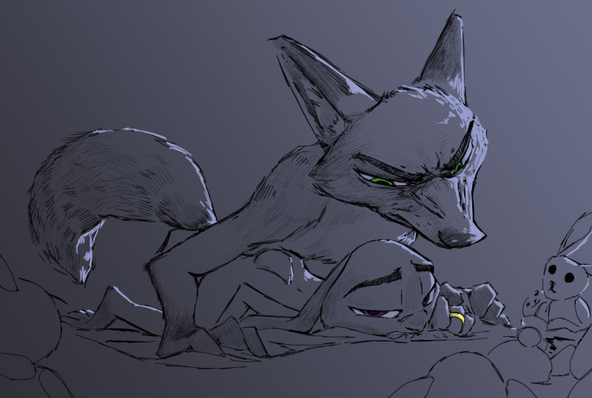 2017 anthro bed canine disney duo female fox green_eyes judy_hopps lagomorph looking_at_viewer male mammal monochrome nick_wilde nude plushie purple_eyes rabbit restricted_palette ring sex speed_bump_position thewyvernsweaver wedding_ring zootopia