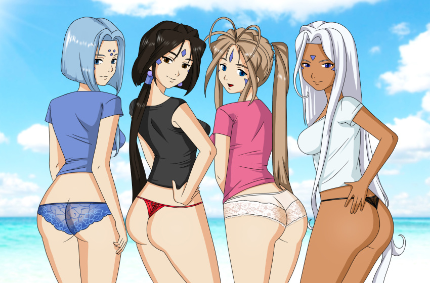 4girls ass beach belldandy breasts clothing dark-skinned_female dark_skin facial_markings female goddess large_breasts light-skinned_female light_skin lind long_hair multiple_girls oh_my_goddess! panties peorth quartet shirt siblings sisters squinty003 t-shirt thong urd