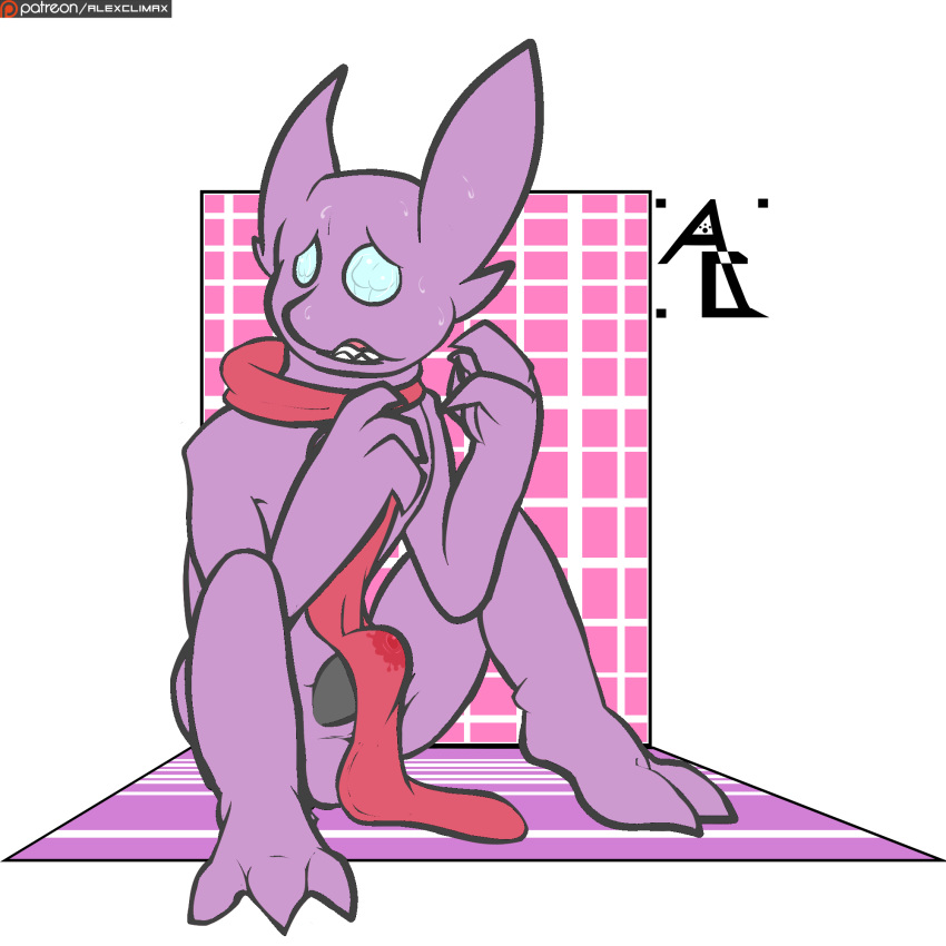 1boy alexclimax anthro anthrofied barefoot clothing embarrassed erection erection_under_clothes feet flat_colors imp looking_away male male_only mostly_nude nintendo penis pokemon pokemon_rse sableye scarf signature sitting slim solo sweat testicles text video_games wet_spot