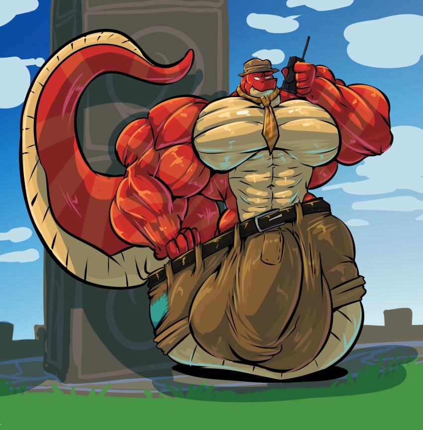 abs anthro biceps big_muscles bobert bulge bulk clothed clothing hi_res huge_muscles hyper hyper_muscles male male_only muscular naga necktie pants pecs reptile scalie snake solo topless trowzer yooka-laylee