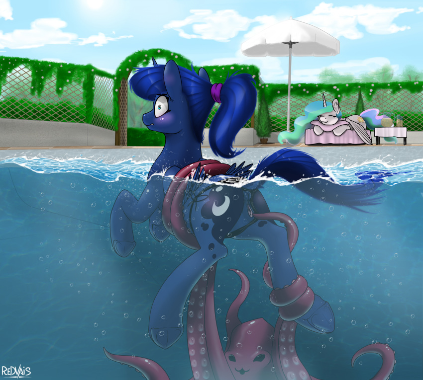 alicorn alternate_version_available anus bikini blue_feathers blue_fur cephalopod clothing cloud equine feathers female female_only fence friendship_is_magic fur hasbro hooves horn horse imminent_rape imminent_tentacle_rape mammal marine my_little_pony octopus outside panties ponytail princess_celestia_(mlp) princess_luna_(mlp) pussy redvais sky sleeping surprise swimming_pool swimsuit tentacle umbrella underhoof underwear water white_feathers white_fur wings