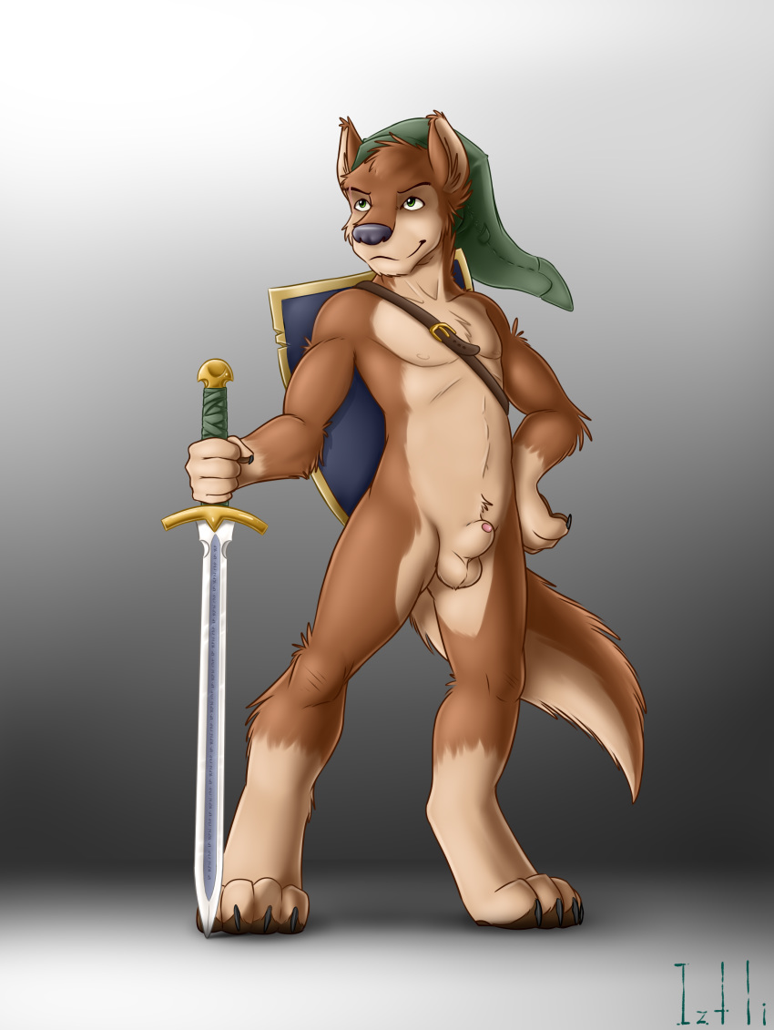 1boy alternate_version_available animal_genitalia anthro armpits balls belt brown_fur canine casual claws confident eyebrows facial_scar fur green_eyes hand_on_hip headwear holding_object holding_weapon iztli looking_away male male_only mammal melee_weapon mostly_nude multicolored_fur nintendo nipples nude paws penis penis_tip pose pubes scar sheath shield smile solo standing sword tactical_nudity tan_fur the_legend_of_zelda two_tone_fur video_games weapon