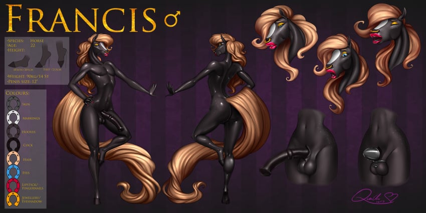 2017 animal_genitalia animal_penis anthro ass balls chastity chastity_cage chastity_device equine equine_penis francis furry girly hair hi_res hooves horse horsecock lips makeup male male_chastity mammal mane model_sheet nipples nude penis quillu simple_background smile solo