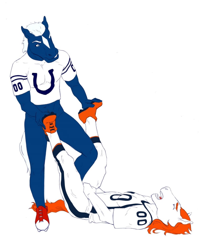 9x9 anthro ballbusting balls blue_(mascot) bottomless clothed clothing cock_and_ball_torture denver_broncos equine horse indianapolis_colts male male_only mammal miles_(mascot) nfl simple_background stomping