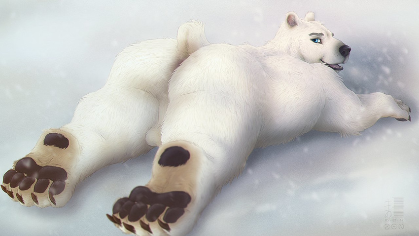 2017 5_toes anthro ass backsack balls bear big_butt black_nose blue_eyes claws fur looking_at_viewer looking_back lying male male_only mammal nude on_front open_mouth outside overweight overweight_male paws polar_bear rear_view sharp_teeth smile snow snowing solo teeth toe_claws toes white_fur zen