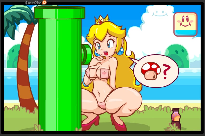 areolae big_breasts bikini breasts cleavage creambee erect_nipples mario_(series) nintendo nipples official_style princess_peach pussy see-through super_princess_peach swimsuit