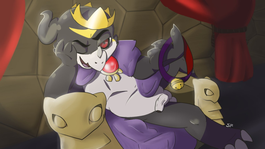 balls blackveemon cape chair claws clothing collar crown digimon dragon fan_character horn jewelry king looking_at_viewer male male_only penis royalty ryodramon scalie sitting smile solo sugarfangs_(artist) throne