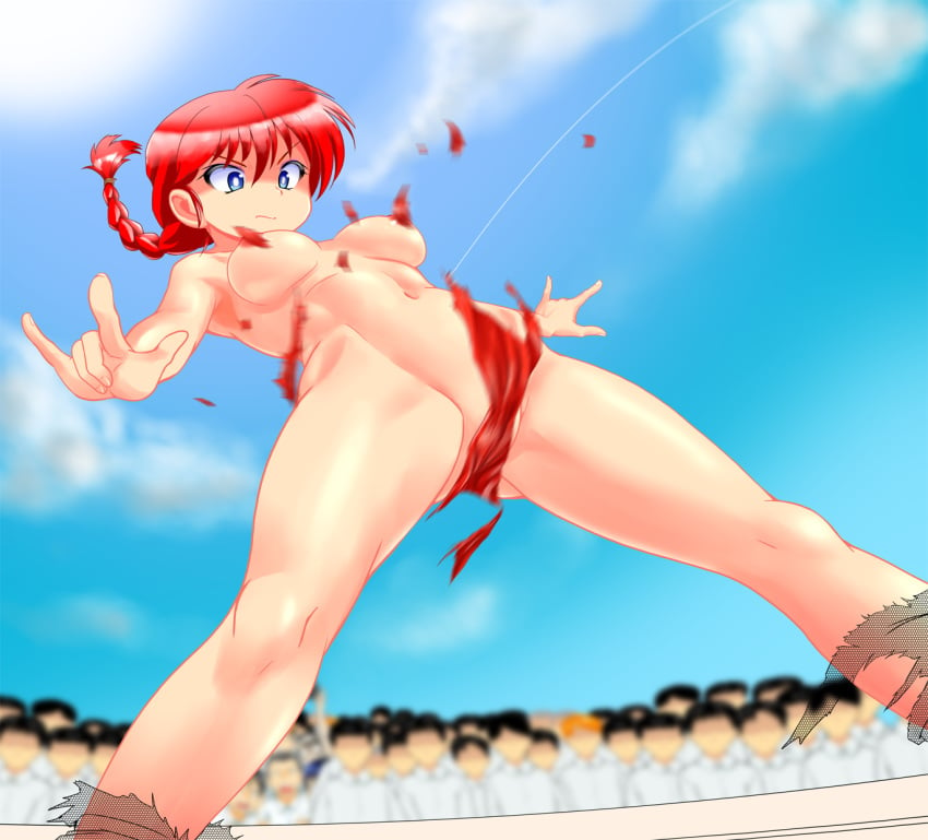 1girls background_characters braid breasts clothing female genderswap genderswap_(mtf) kul_tigin ranma-chan ranma_1/2 ranma_saotome red_hair single_braid small_breasts solo_focus tagme torn_clothes