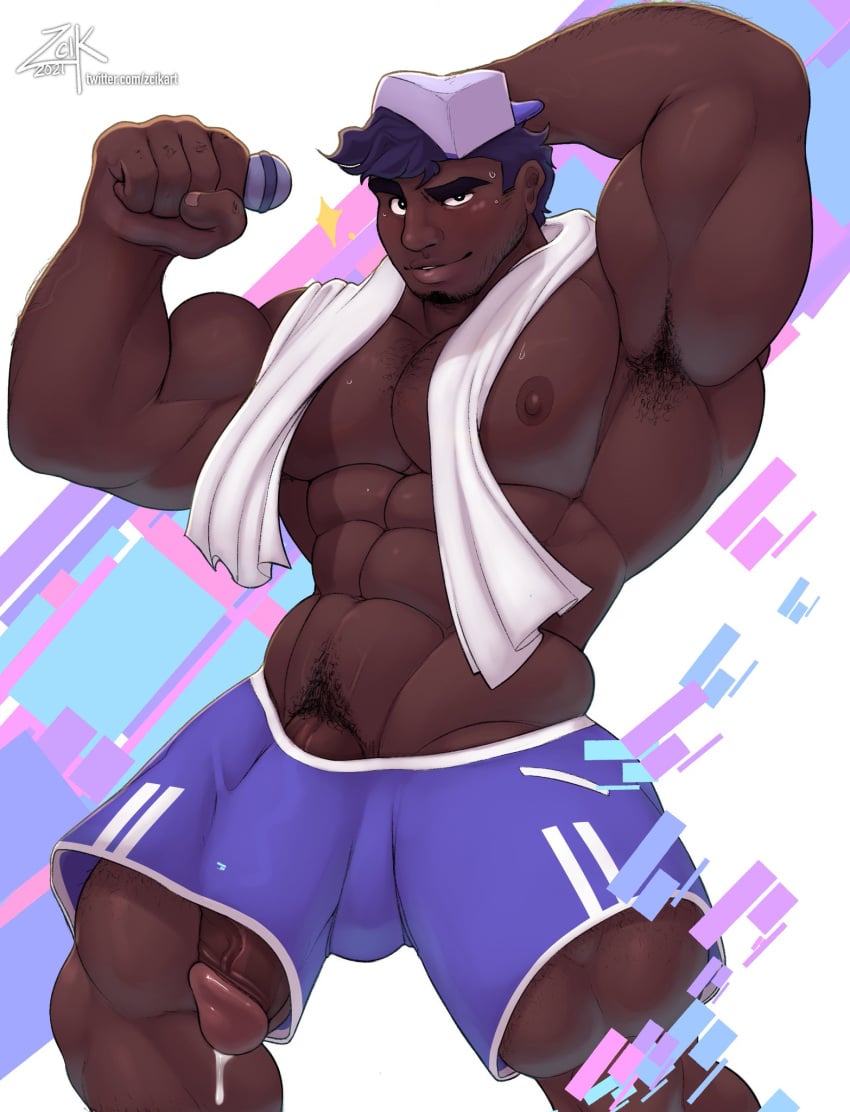 1boy 5_fingers balls bara baseball_cap big_arms big_balls big_legs big_pecs big_penis body_hair bulge cock dark-skinned_male dark_skin dick dripping_cum dripping_precum fingers gay genital_fluids genitals glans hairy hairy_armpits hairy_arms hairy_chest hairy_legs hairy_male hairy_pecs hairy_penis hat huge_balls huge_cock huge_penis looking_at_viewer male male_only muscles muscular muscular_arms muscular_legs muscular_male nipples penis penis_through_leghole penis_under_clothes precum purple_hair ramses_jackson solo stubble sweat sweatdrop towel_around_neck uncensored veiny veiny_penis yaoi zcik