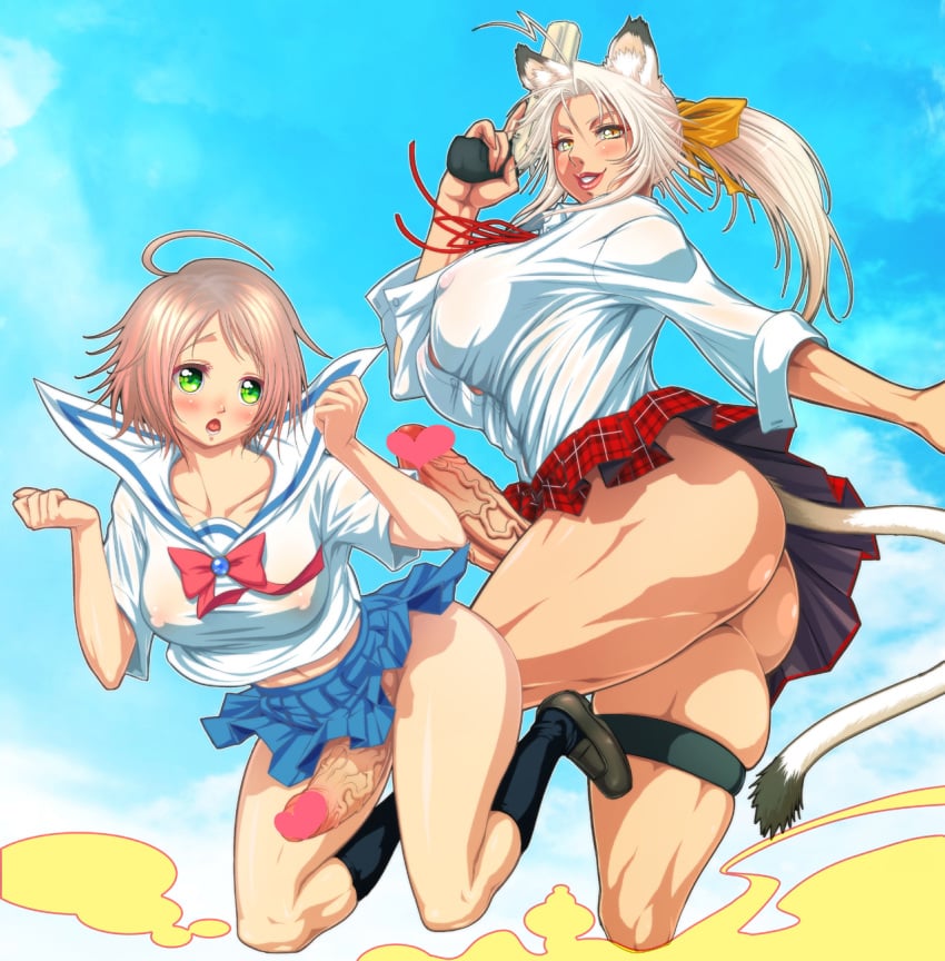 2futas ass big_breasts big_penis blush bottomless_skirt breasts casual censored chinbotsu clothing color copyright_request dickgirl erect_nipples erect_nipples_under_clothes erection erection_under_clothes erection_under_skirt firearm footwear futa_only futa_sans_balls futa_with_futa futanari green_eyes gun handgun highres huge_ass huge_cock human intersex large_breasts larger_futanari legwear multiple_girls muscular muscular_futanari muscular_thighs nipple_bulge no_panties pale_skin penis penis_out penis_under_clothes penis_under_skirt pink_hair plaid plaid_skirt pleated_skirt pussy revolver school_uniform see-through size_difference skirt skirt_lift smaller_futanari tail tartan tartan_skirt thick_thighs veins veiny_penis weapon white_hair