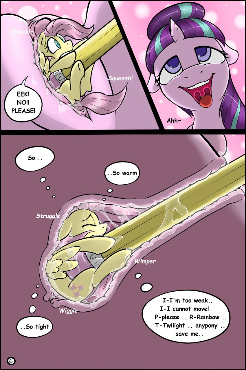 2017 absurdres clitoris comic dialogue duo english_text equine female feral fluttershy_(mlp) friendship_is_magic giantess gtsdev highres hooves horn mammal micro multicolored_hair my_little_pony open_mouth pegasus pencil_(object) penetration pink_hair pussy pussy_juice starlight_glimmer text tongue unbirthing unicorn vaginal_penetration vore what wings