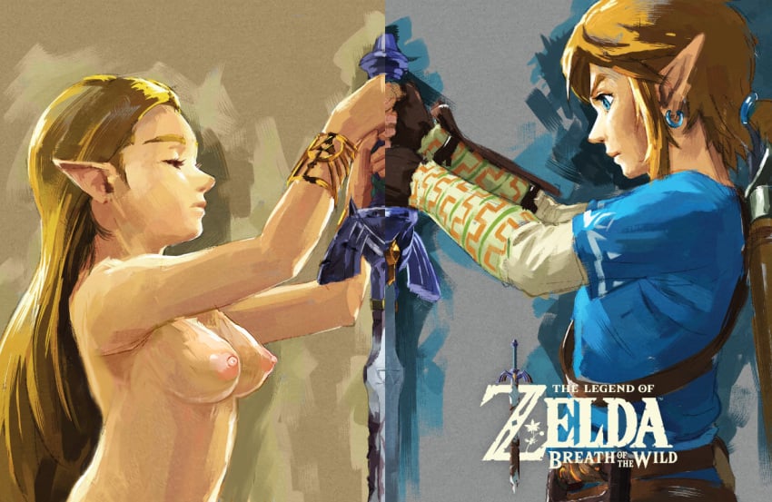 1boy 1boy1girl 1girls blonde_hair breath_of_the_wild casual clothed_male_nude_female earrings female hylian jaredofart link link_(breath_of_the_wild) long_hair male nintendo nipples nude pale_skin pointy_ears princess_zelda sword text the_legend_of_zelda tied_hair weapon zelda_(breath_of_the_wild)