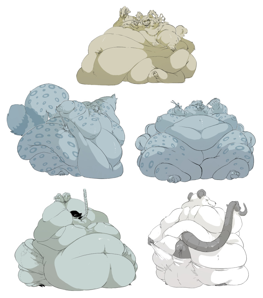 anthro anus balls belly big_balls big_belly breasts canine clothed clothing feline female food_tube group huge_balls hybrid hyper hyper_balls hyper_belly male mammal morbidly_obese multiple_images nipples nude obese opblaaskrokodil overweight puffy_anus rat rodent