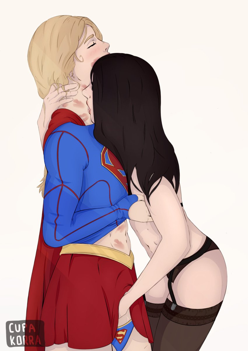 2girls belly black_hair blonde blonde_hair bra cape closed_eyes cupakorra dc dc_comics female female_only flarrow_universe garter_straps high_resolution hips kara_zor-el legs legwear lena_luthor lingerie long_hair multiple_girls navel panties pantsu simple_background skirt stockings strap straps supergirl supergirl_(series) tagme thighhighs thighs tongue tongue_out underwear yuri