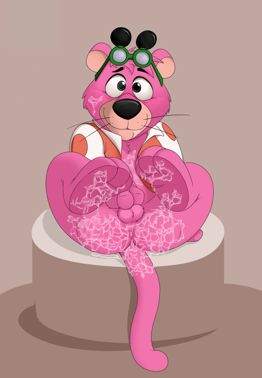 anthro anus ass balls barefoot bottomless clothed clothing cougar covering covering_self cum cum_covered cum_drip dripping feline glasses_on_forehead legs_up looking_at_viewer male male_only mammal messy neenya open_jacket perineum reclining smile snagglepuss snagglepuss_(show) solo whiskers