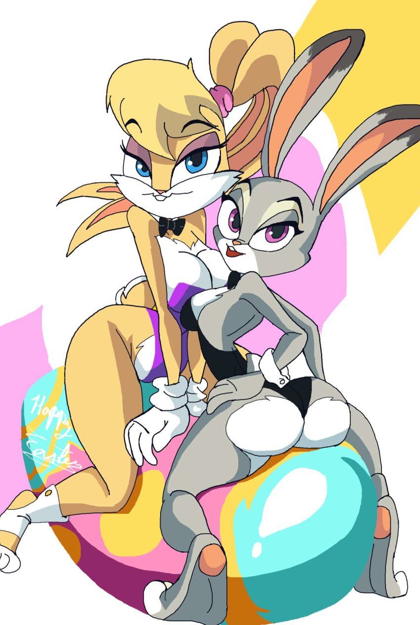 2girls alternate_version_available animal_ears anthro back_view bare_shoulders barefoot big_ass big_breasts big_butt blonde_hair blue_eyes bow bowtie bubble_butt buck_teeth buckteeth bunny bunnysuit busty butt_crack cleavage clothing crossover curvy dat_ass detached_collar detailed_background disney duo easter egg eyeshadow female female_only fluffy_tail footwear front_view fur furry gloves grey_fur half-closed_eyes hand_on_hips hands_on_hip hands_on_hips hat hourglass_figure humanoid judy_hopps lagomorph large_breasts legwear leotard lola_bunny long_ears looking_at_viewer looney_tunes mammal manic47 multiple_females multiple_girls open_mouth pawpads paws pose posing purple_eyes rabbit sideboob sitting smiling tail text thong voluptuous warner_brothers white_footwear white_gloves white_legwear wide_hips wrist_cuffs yellow_fur yellow_hair yuri zootopia