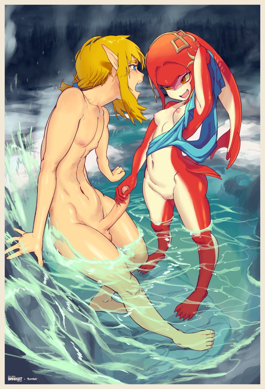 breath_of_the_wild brekkist erect_clitoris feet link link_(breath_of_the_wild) mipha nipples nude penis pointy_ears signed the_legend_of_zelda wet zora