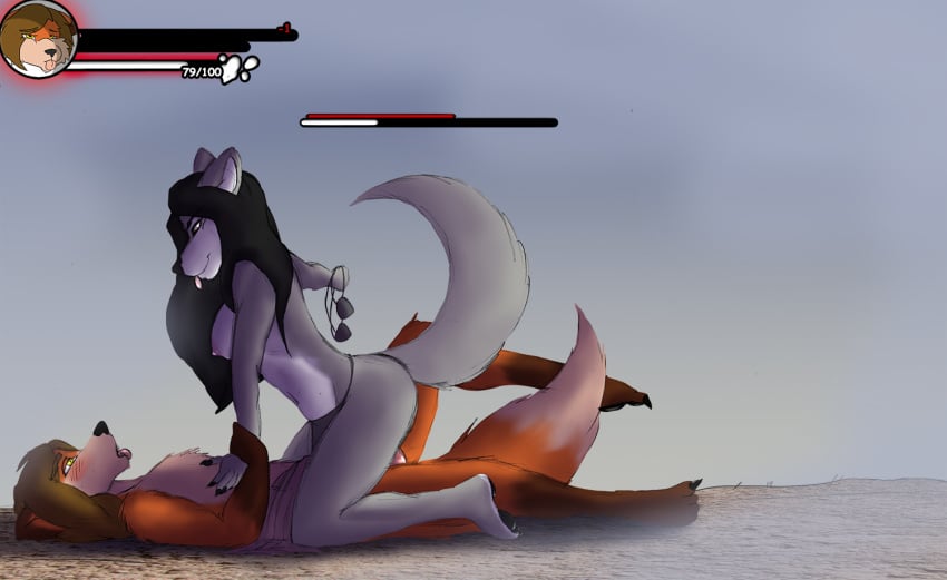 alfred_(umpherio) anthro anthro_only canine clothing cowgirl_position defeat duo fellatio female fox frederika_(nintendarkland) health_bar jewelry loincloth lying male mammal on_top oral sex simple_background straight umpherio wolf