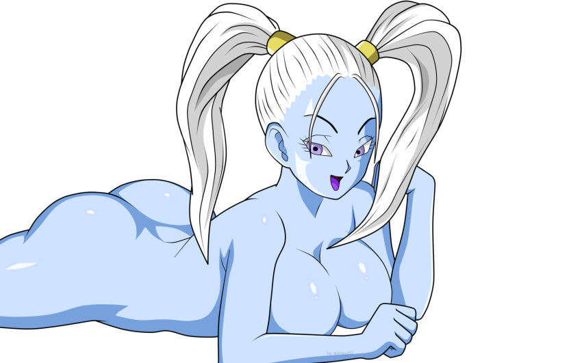 1girls angel angel_(dragon_ball) ass big_ass big_breasts blue_skin breasts cleavage dannyjs611 dragon_ball dragon_ball_super eyelashes female female_only highres large_breasts lavender_eyes long_hair looking_at_viewer lying marcarita nude on_stomach open_mouth shiny_skin shounen_jump smile solo tied_hair tongue transparent_background twintails white_hair