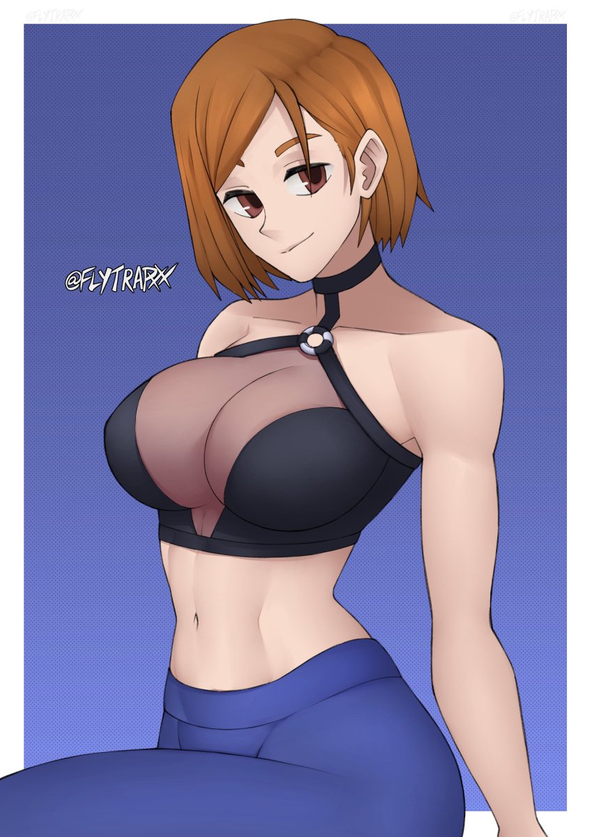 1girls artist_name artist_signature bare_midriff big_breasts blue_background border brown_eyes brown_hair chin_length_hair choker cleavage cleavage_window clothed cropped_legs eyelashes female flytrapxx ginger gym_clothes jujutsu_kaisen kugisaki_nobara light_skin looking_at_viewer medium_hair midriff navel see-through_clothing shirtless short_hair simple_background sports_bra student tagme tight_clothing topwear voluptuous workout_clothes yoga_pants